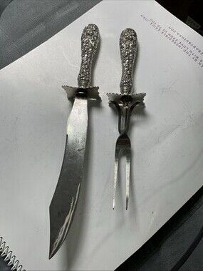 Stieff Rose Sterling Silver Meat Carving Knife and Fork Set